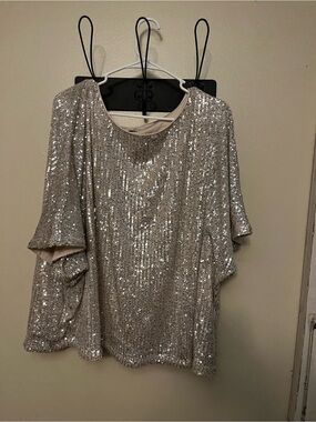 Skies Are Blue Champagne Sequin Short Sleeve Top